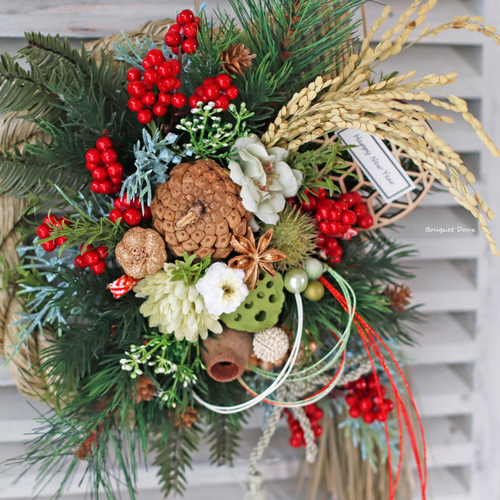 しめ縄2】お正月飾り しめ縄アレンジ 赤と緑 しめ縄・しめ飾り