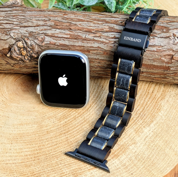 [木錶帶]EINBAND Apple Watch 天然木錶帶 20 毫米黑 Marquina（大理石）x 烏木 第1張的照片