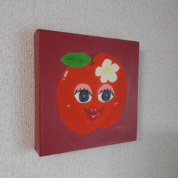 ハッピーあっぷるちゃん　油絵　画家　小楠アキコ作品　20×20cm　キャンバス 2枚目の画像