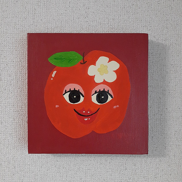 ハッピーあっぷるちゃん　油絵　画家　小楠アキコ作品　20×20cm　キャンバス 1枚目の画像