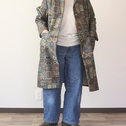 着物リメイク ブロック模様紬後ろタックコート コート ウサギ