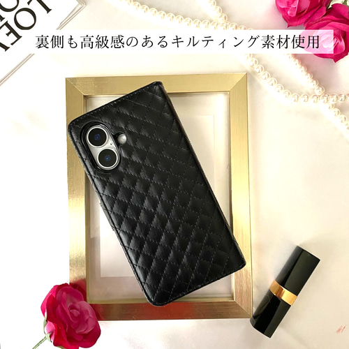 iPhone13 14 15 16対応 ブラック キルティングケース キルティングビジューブラックiPhoneケース | Matey