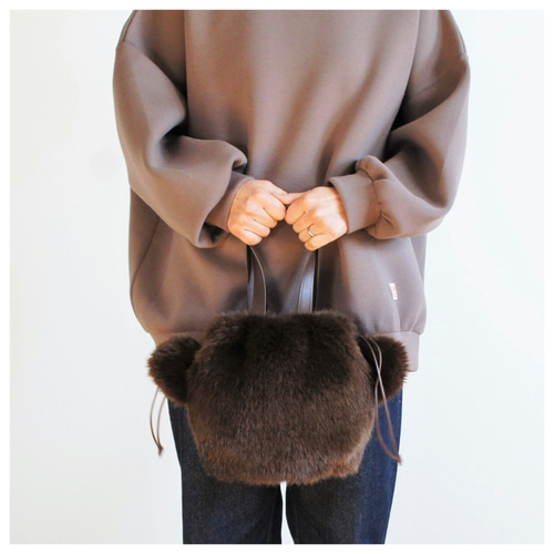 もふもふエコファーのテディベア巾着バッグ（ダークブラウン）《受注