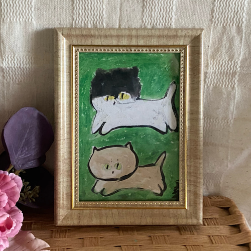 絵画。原画☆キャンバスF6【猫たちはソファーで楽しくゲームをしている】 7 猫を助けて自分も成仏『Six Cats Under』｜ロッズ
