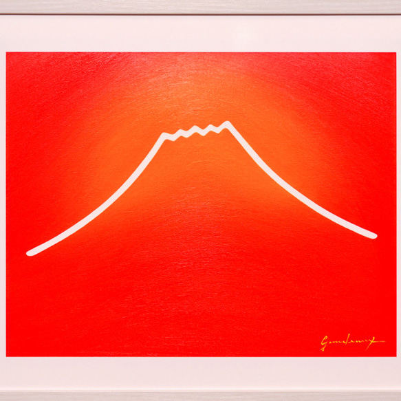 直筆サイン入り●朱色に染まる富士山●がんどうあつし製作ピエゾグラフ表面UVカット 2枚目の画像