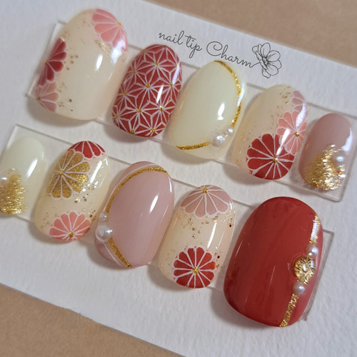 和柄No.07】ピンクニュアンス和柄ネイル ネイルチップ 成人式 卒業式