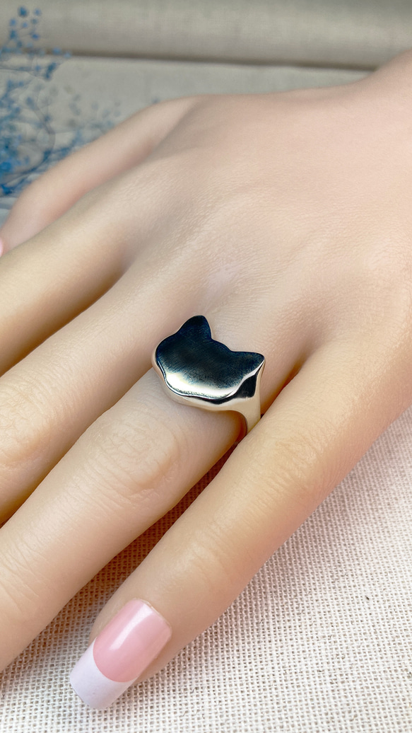 ねこ顔の印台リング、silver925（銀）,シルバーアクセサリー 指輪