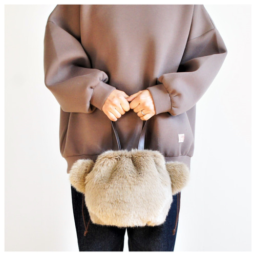 もふもふエコファーのテディベア巾着バッグ（サンドベージュ）《受注