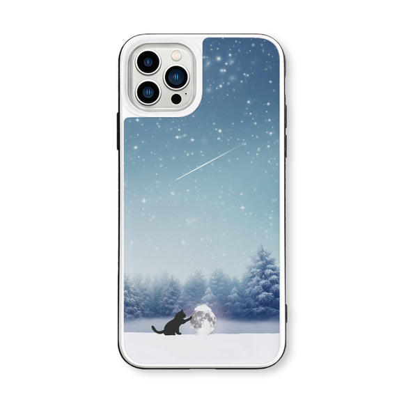 月と猫(雪ver.)　iPhoneケース　強化ガラスケース 3枚目の画像