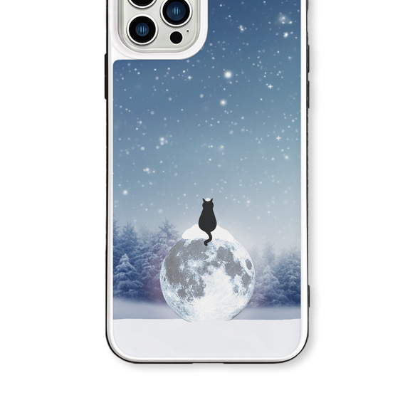月と猫(雪ver.)　iPhoneケース　強化ガラスケース 6枚目の画像