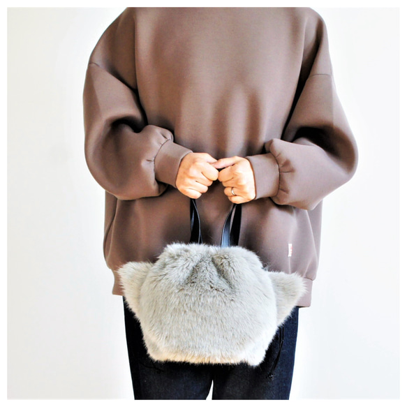 もふもふエコファーの”ねこ耳”巾着バッグ（グレー）《受注制作》[ ネコ