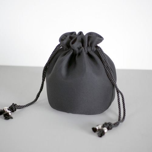 ダブルラッセルメッシュ丸底巾着バッグ 裏地付き シンプル ブラック