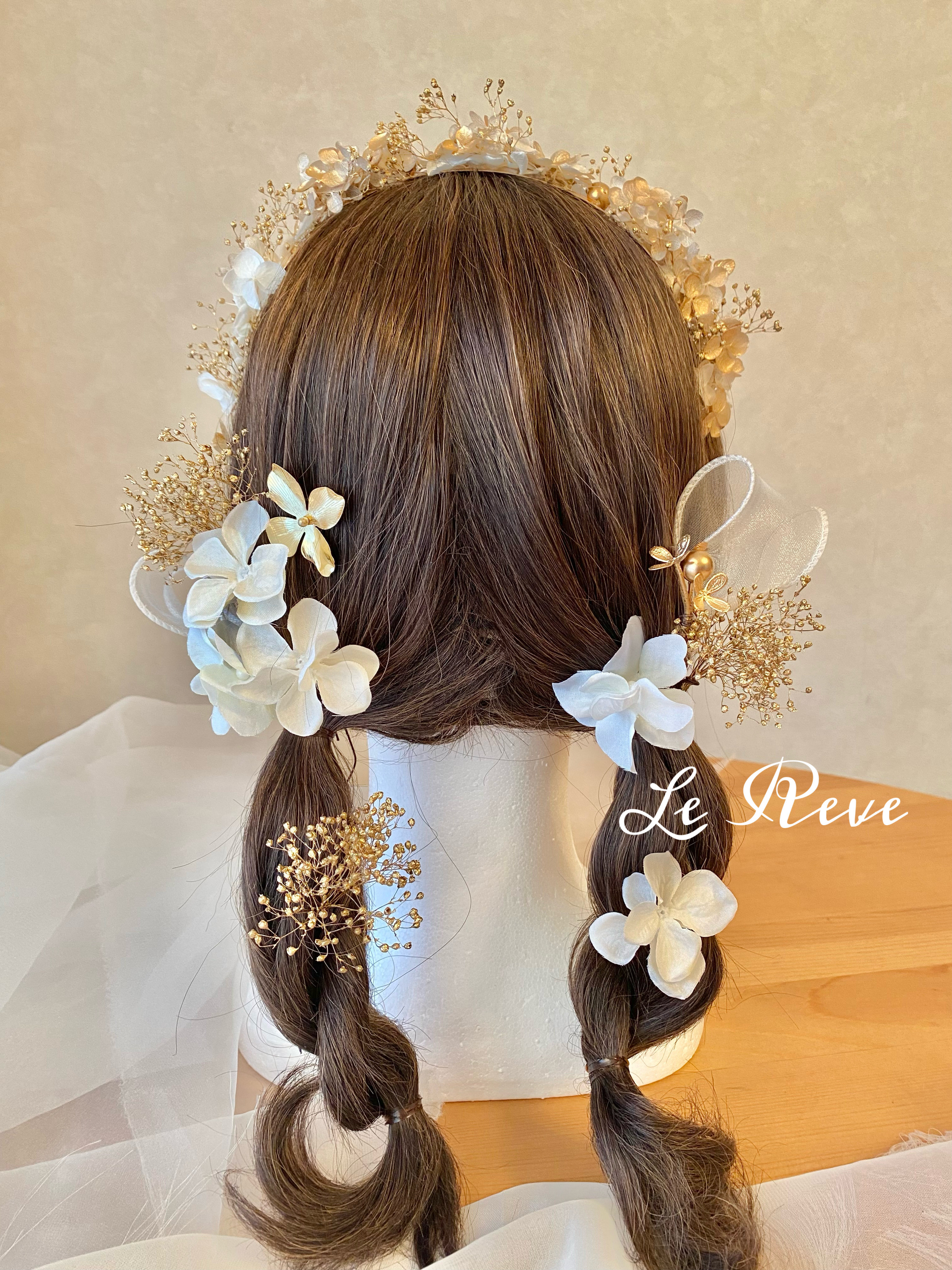 ホワイトゴールドカチューシャ　フラワーパーツセット　ティアラ　成人式　卒業式　結婚式　振袖　袴　ウエディング　ドレス