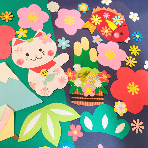 正月 新年 画用紙 壁面 アルバム 飾り 午年 2026 ～招き猫と鯛で