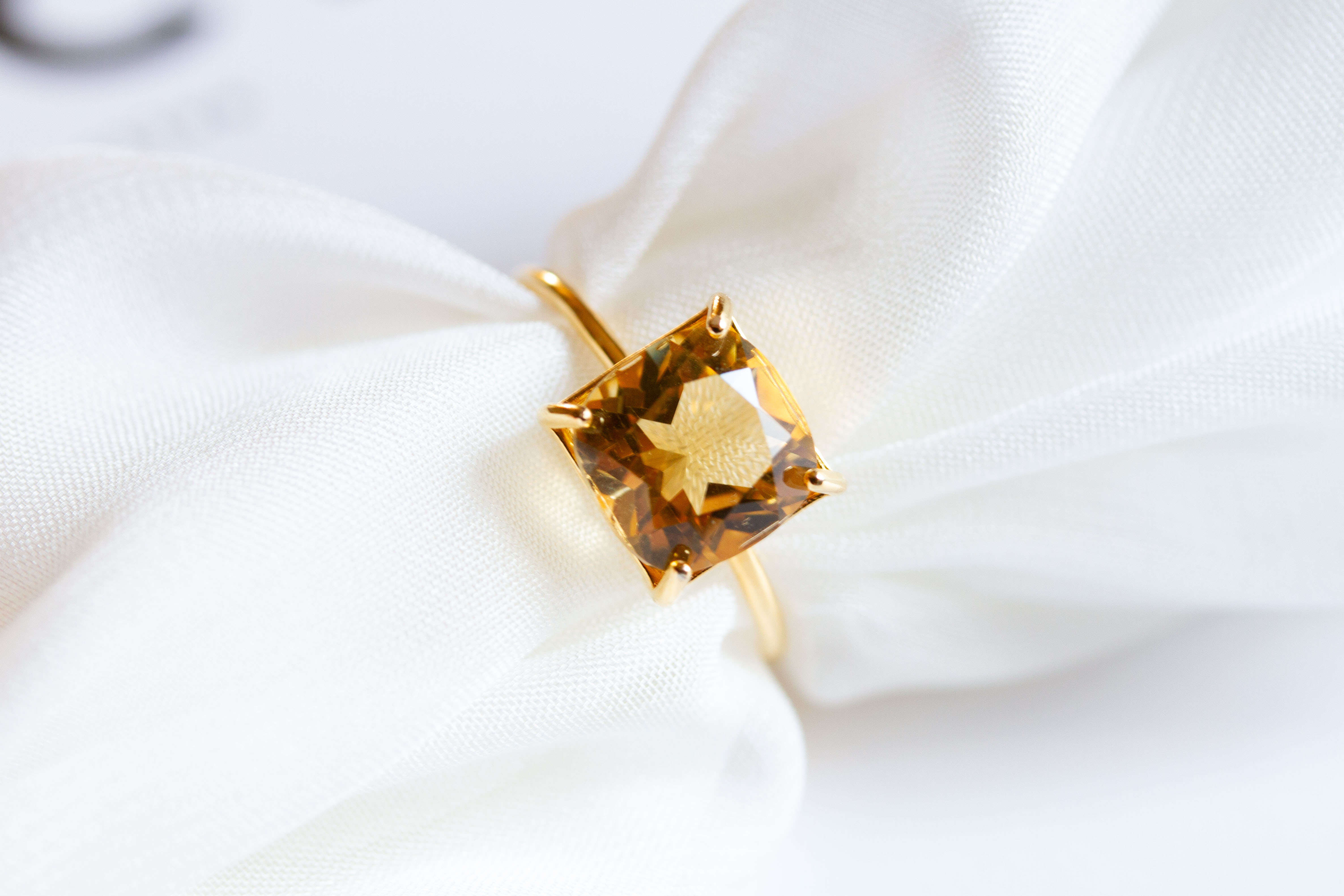 ハニークォーツ スクエアファセットカット ジュエルリング