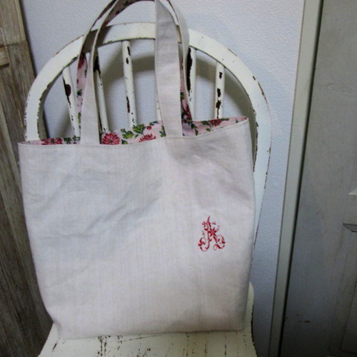 フランスアンティークシャンブルリネン赤クロスステッチイニシャルと