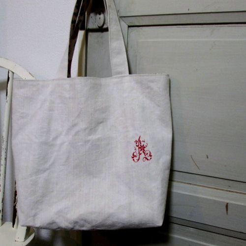 フランスアンティークシャンブルリネン赤クロスステッチイニシャルと