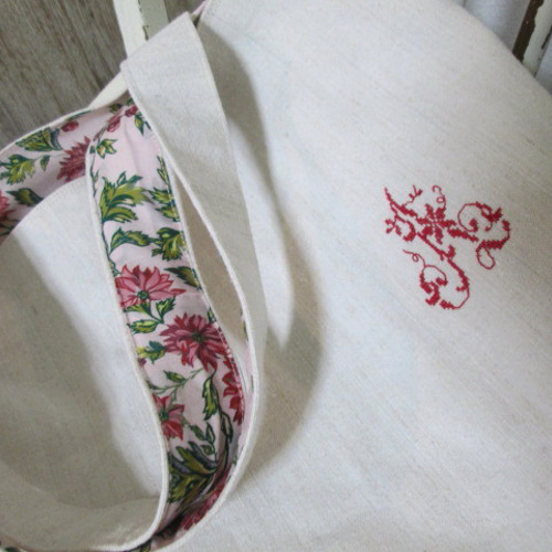 フランスアンティークシャンブルリネン赤クロスステッチイニシャルと