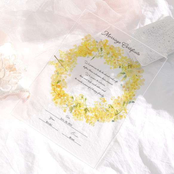 結婚証明書 アクリル  ミモザの花の水彩イラスト 誓約書 ウェルカムスペースにもクリア 2枚目の画像