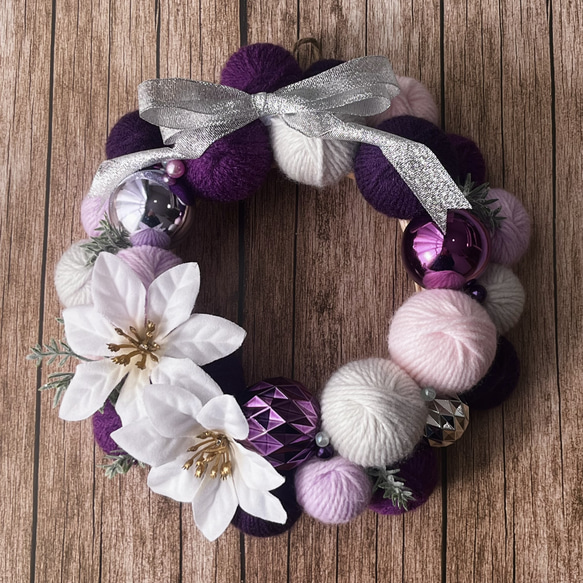クリスマスリース (紫色) ニットリース 毛糸玉リース リース git3.shop