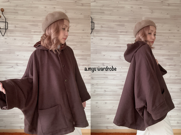 美品☆ふりふ ダークブラウン ウール ポンチョ 和装にも M（フリーサイズ） a.myu ブラウンコーデ期間限定即納✨世界で一つのポンチョ 上質ウール