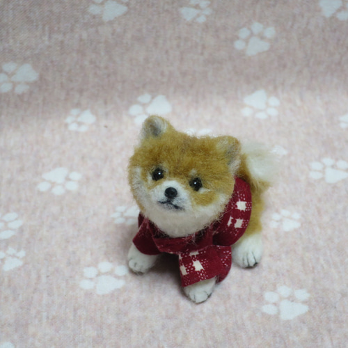 羊毛フェルト 犬 柴犬 豆柴 赤柴 ミニチュアドールハウス 絣柄の