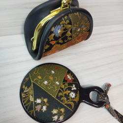 高級西陣織金襴　コインケースがま口＆手鏡　黒と金 1枚目の画像
