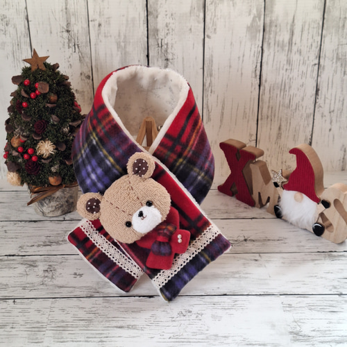 受注製作】♡冬支度♡くま リバーシブル マフラー ブローチ式