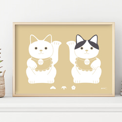 期間限定送料無料】ペア招き猫 インテリアポスター ハチワレ 招き猫