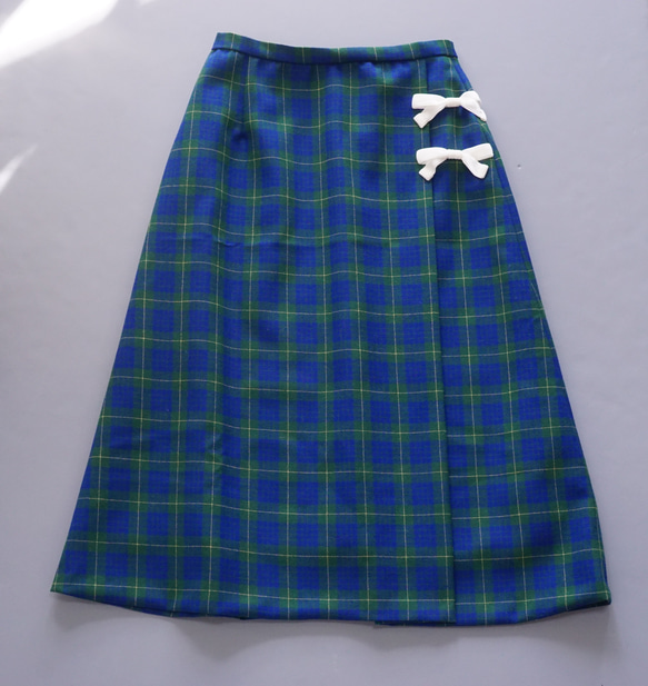 【新品】天鵝絨絲帶格紋半身裙（綠色）38、40 第12張的照片