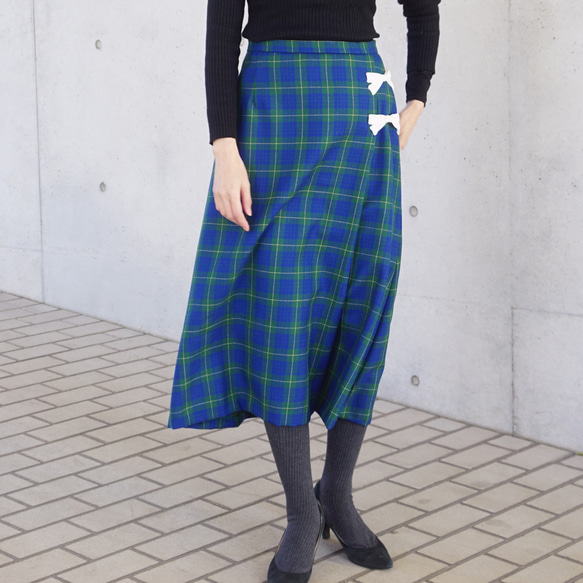 【新品】天鵝絨絲帶格紋半身裙（綠色）38、40 第1張的照片