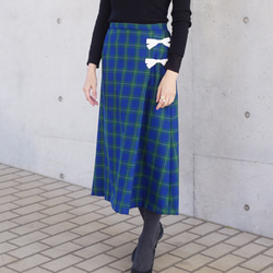 【新品】天鵝絨絲帶格紋半身裙（綠色）38、40 第3張的照片