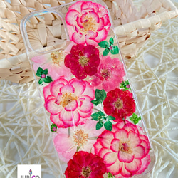ピンクのバラの敷き詰めデザイン押し花スマホケース　iphone/GALAXY/AQUOS/xperia/pixel 1枚目の画像