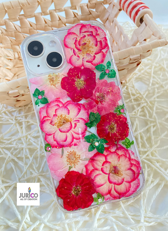 ピンクのバラの敷き詰めデザイン押し花スマホケース　iphone/GALAXY/AQUOS/xperia/pixel 2枚目の画像