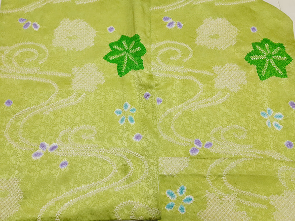 ワンタッチ着物　くらわん着物　アンティーク正絹絞りリメイク　黄緑紅葉花文様 また 身長 体重を備考欄にお書きください 幅出し 詰め等の寸法直しは致しておりません ご了承下さい