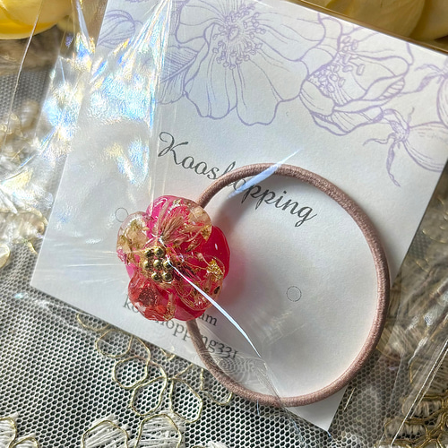 フラワーレジンヘアゴム レッド くすみカラー お花ヘアゴム