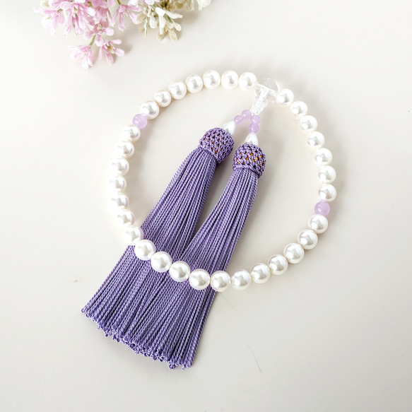 女性用/主玉8mm】貝パールとパステルカラーの数珠・略式念珠/正絹藤房