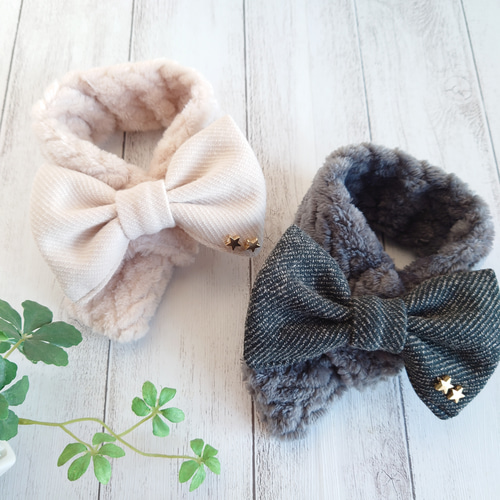 小型犬用 猫用 ♡ ジャガードボア ♡ でかリボンマフラー ペット