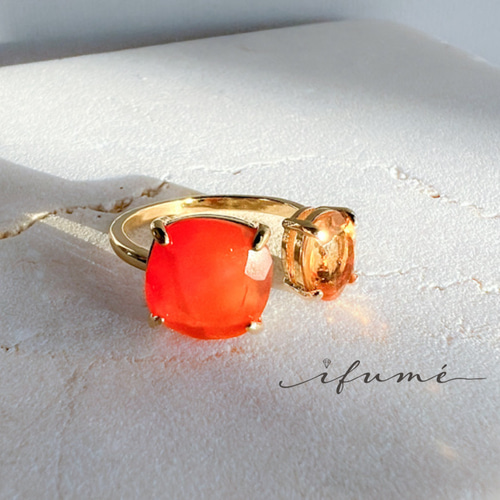 ifumé】天然石カーネリアン×シトリンのフォークリング 金属 ifumé】天然石カーネリアン×シトリンのフォークリング 金属