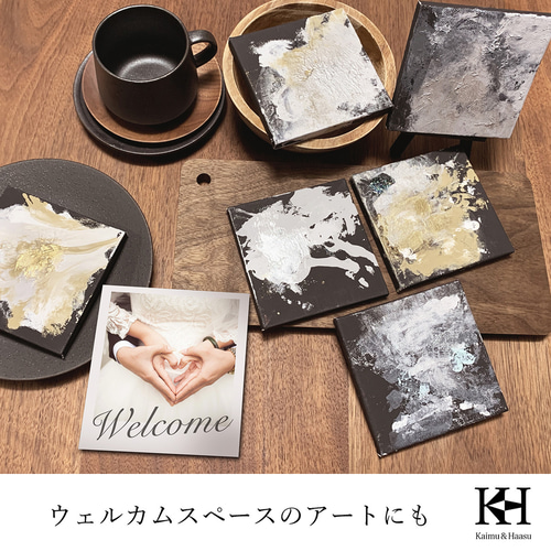 原画・モダンアート【黒にピンクハート】 10cm角 ウェルカムスペースや