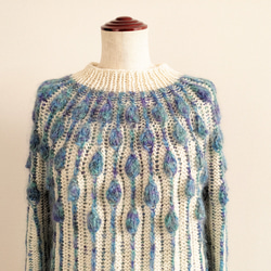 『再販・受注製作』しずく模様の編み込みセーター　グラデーション　モヘア　ラムウール　ブルー　グリーン　パープル 3枚目の画像