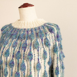『再販・受注製作』しずく模様の編み込みセーター　グラデーション　モヘア　ラムウール　ブルー　グリーン　パープル 2枚目の画像