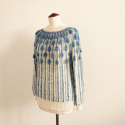 『再販・受注製作』しずく模様の編み込みセーター　グラデーション　モヘア　ラムウール　ブルー　グリーン　パープル 4枚目の画像