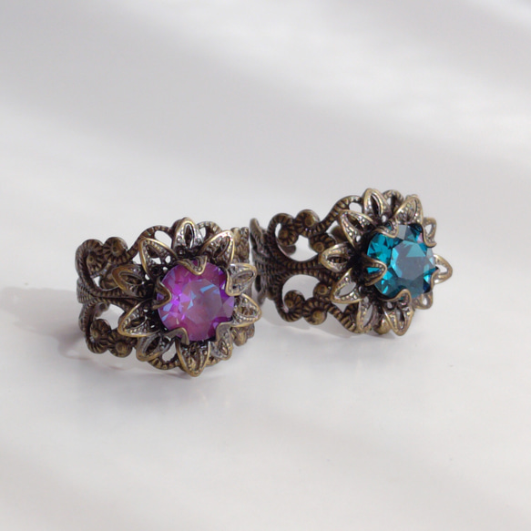2 件套裝 - 哥德式花朵水晶寬戒指 | 古董紫色綠松石藍色 第1張的照片