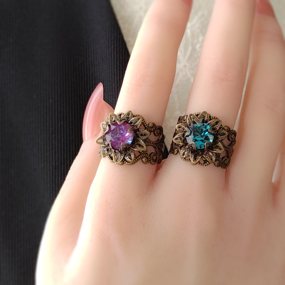 2 件套裝 - 哥德式花朵水晶寬戒指 | 古董紫色綠松石藍色 第2張的照片