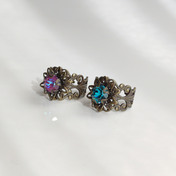 2 件套裝 - 哥德式花朵水晶寬戒指 | 古董紫色綠松石藍色 第3張的照片