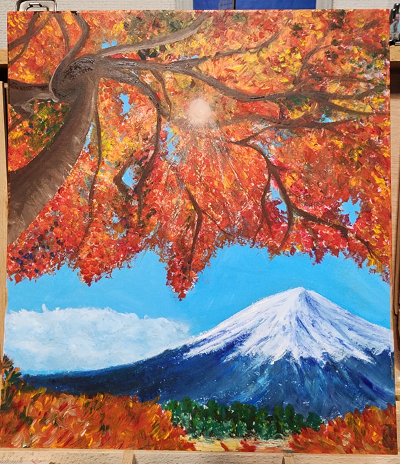 富士山の絵画 オレンジと青の風景 富士山の絵画 オレンジと青の風景