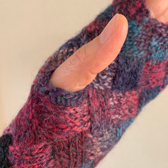 手編みニット手袋　指なし　ハンドウォーマー　アームウォーマー ターコイズMIX2 バスケット編み　女性用 5枚目の画像