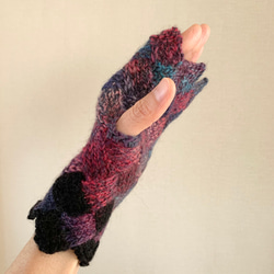 手編みニット手袋　指なし　ハンドウォーマー　アームウォーマー ターコイズMIX2 バスケット編み　女性用 3枚目の画像