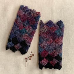手編みニット手袋　指なし　ハンドウォーマー　アームウォーマー ターコイズMIX2 バスケット編み　女性用 1枚目の画像